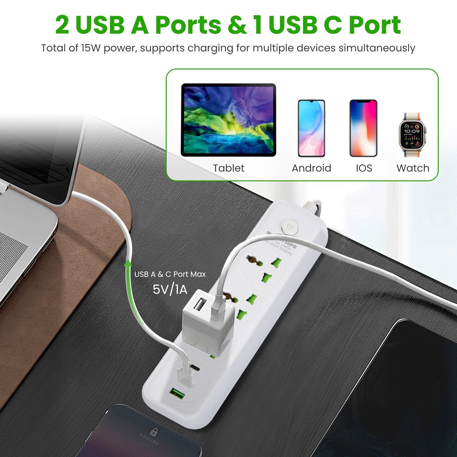 1Pc Power Strip With 6FT Extension Cord 3 AC Outlets And 2 USB A Ports 1 USB C Port