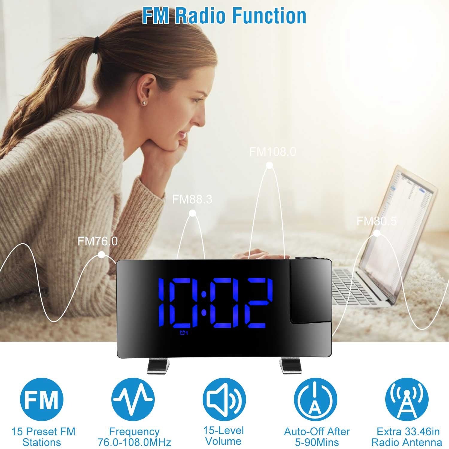 1Pc Projection Alarm Clock With Radio Function Curved Screen LED Digital Alarm Clock