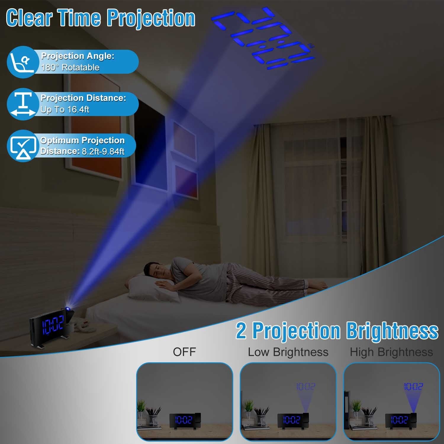1Pc Projection Alarm Clock With Radio Function Curved Screen LED Digital Alarm Clock