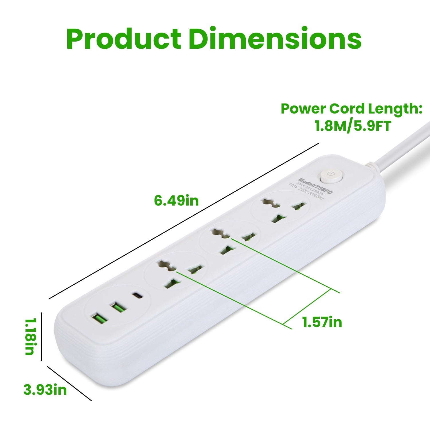 1Pc Power Strip With 6FT Extension Cord 3 AC Outlets And 2 USB A Ports 1 USB C Port