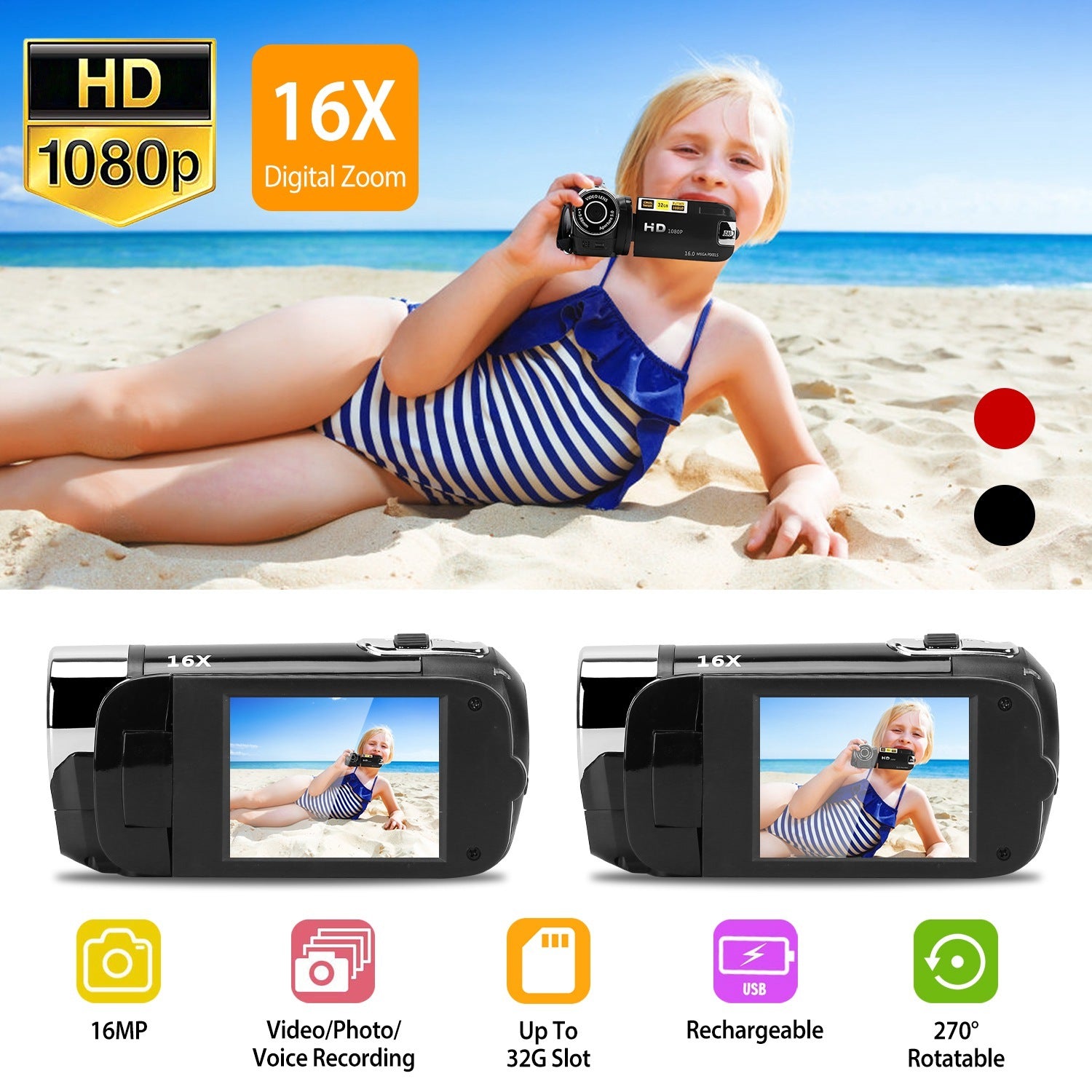 Black-Red Options - 1Pc HD 1080P Digital Video Camcorder