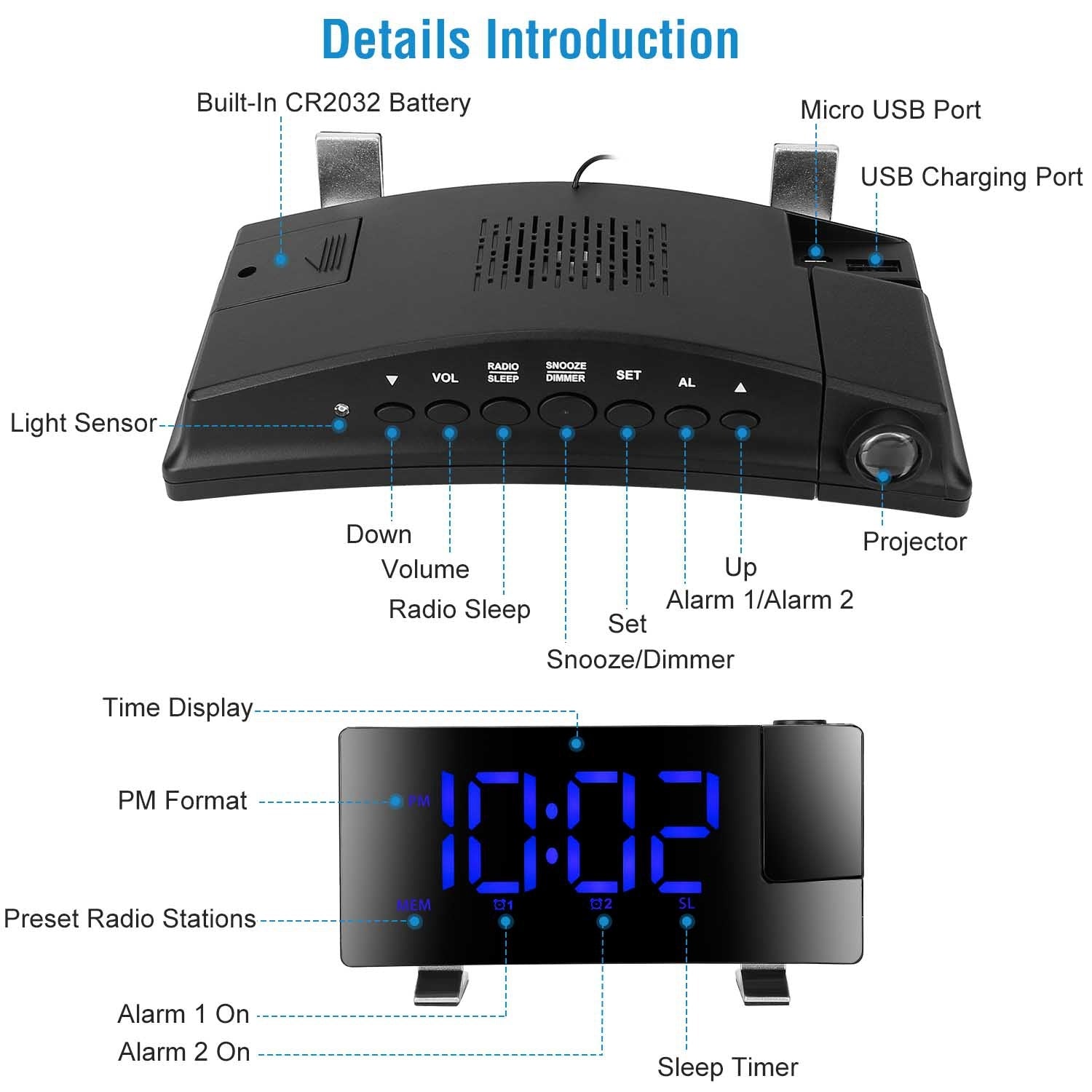 1Pc Projection Alarm Clock With Radio Function Curved Screen LED Digital Alarm Clock