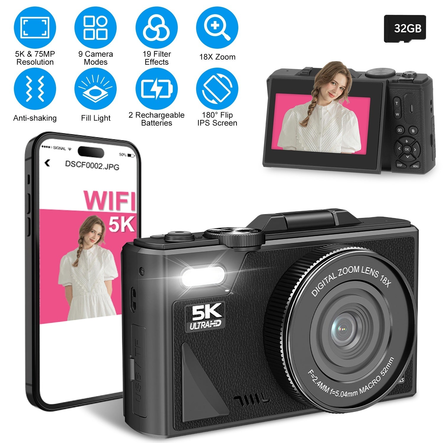 1Pc 5K 75MP Digital Camera For Photography