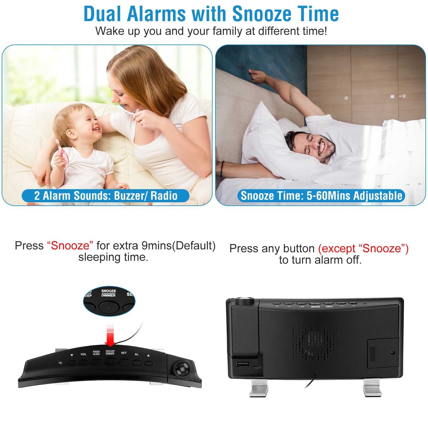 1Pc Projection Alarm Clock With Radio Function Curved Screen LED Digital Alarm Clock