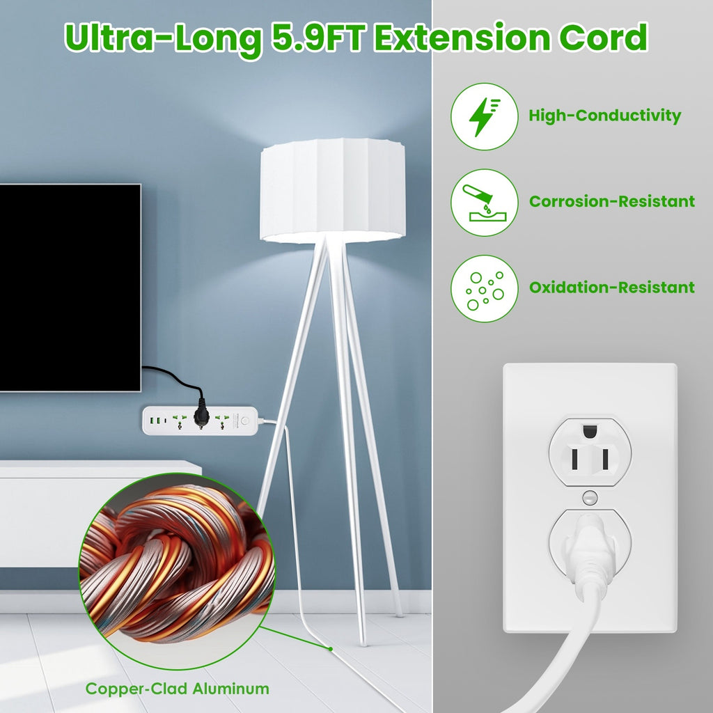 1Pc Power Strip With 6FT Extension Cord 3 AC Outlets And 2 USB A Ports 1 USB C Port
