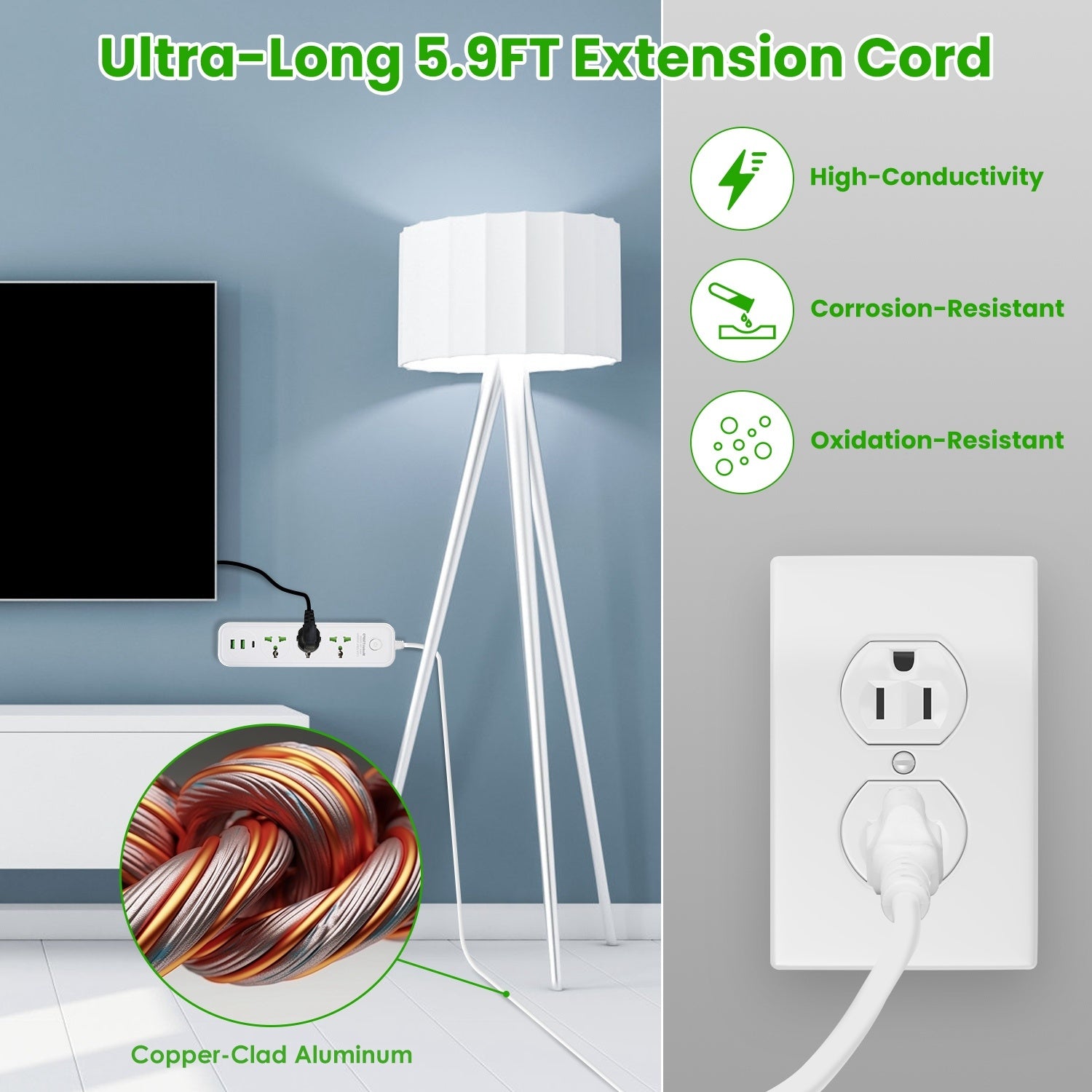1Pc Power Strip With 6FT Extension Cord 3 AC Outlets And 2 USB A Ports 1 USB C Port